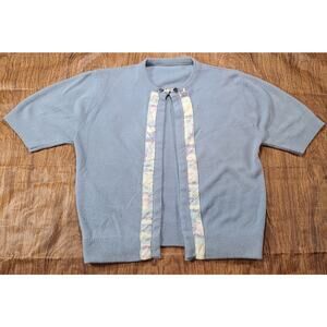 Vintage 1960s Blue Ribbon Trim Crew Neck Summer Cardigan XS/Sm One Button Knit
